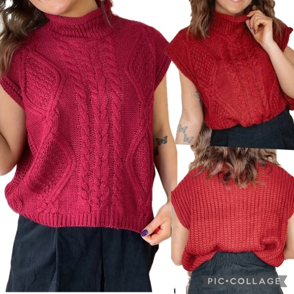 She + Sky Mock Neck Sleeveless Drop Shoulder Cable Sweater Vest Burgundy Size L - Picture 2 of 10